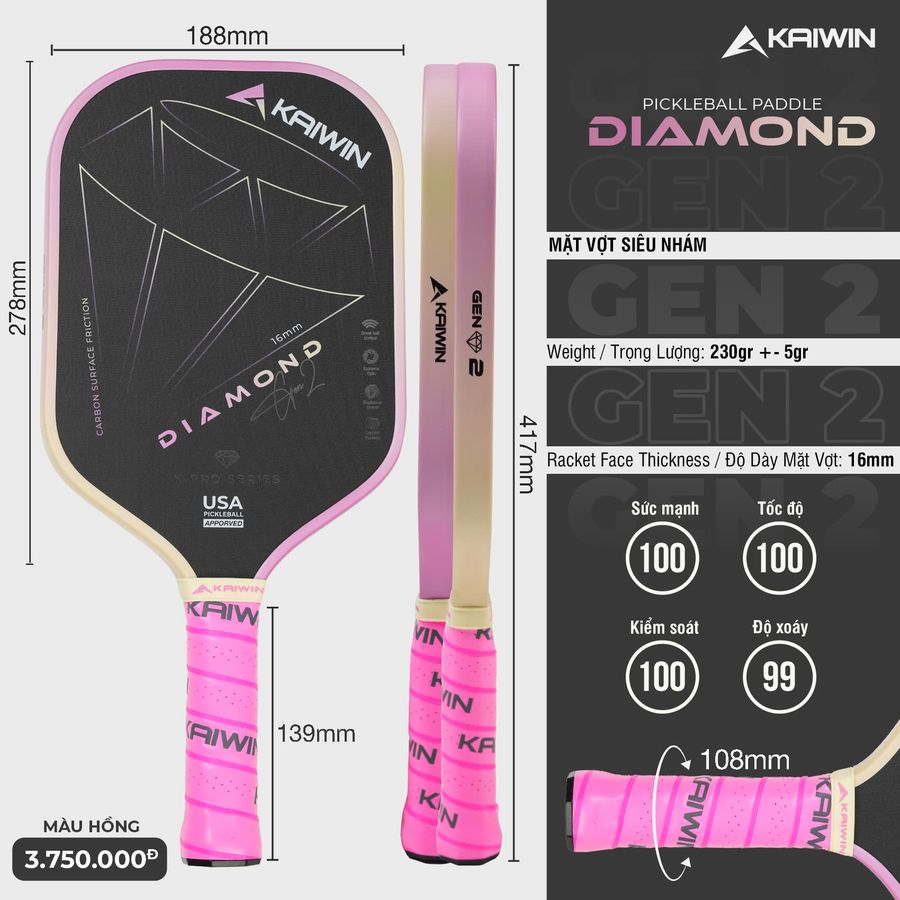 Vot_Pickleball_Kaiwin_Diamond_Gen2_16mm_Hong