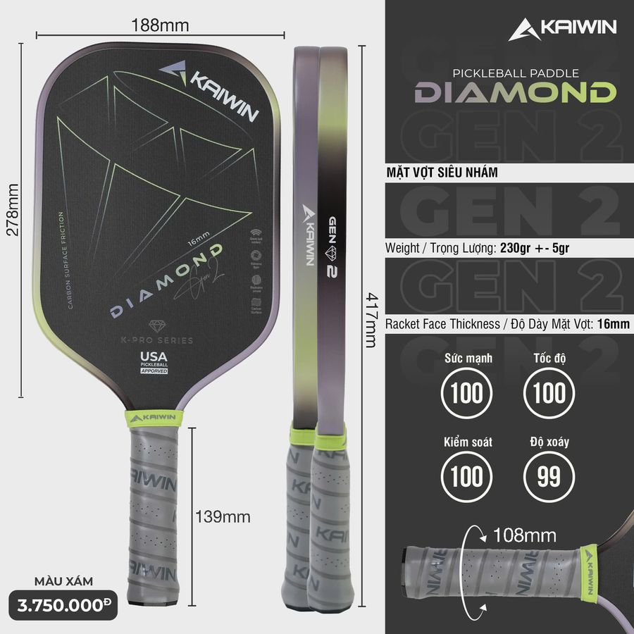 Vot_Pickleball_Kaiwin_Diamond_Gen2_16mm_Xam