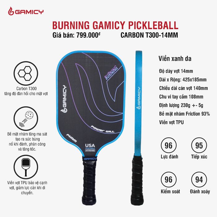 Vợt Pickleball Gamicy Burning T300 Xanh