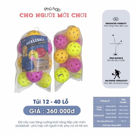[SP002899] Bóng Pickleball CMK 40L (Túi 12 quả nhiều màu)